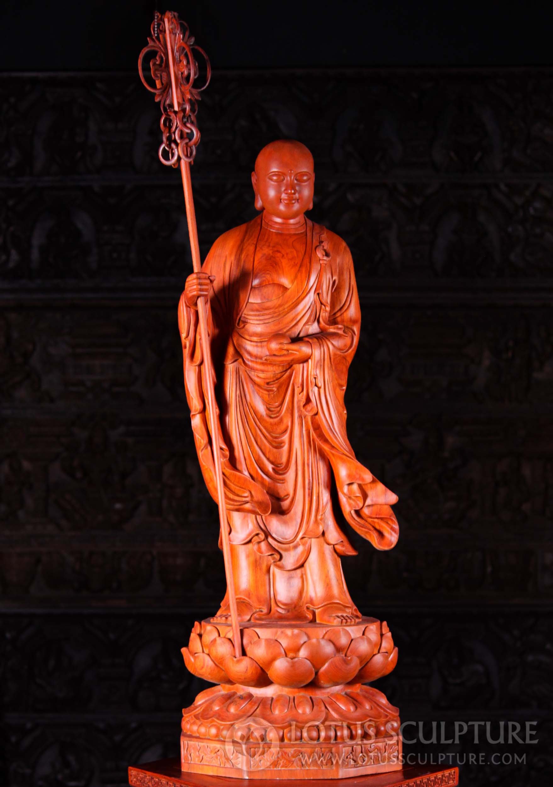 Wooden Statue Of Ksitigarbha Bodhisattva Buddha Statue With Large Staff and Pearl 46"